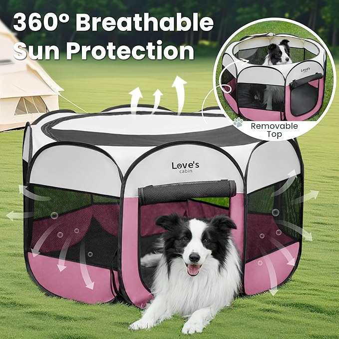 Love's cabin Pet Puppy Dog Playpen, Small Dog Tent Crates Cage Indoor/Outdoor, Portable Playpen for Cat, Foldable Pop Up Dog Kennel Playpen with Carring Case, Removable Zipper Top, Pink