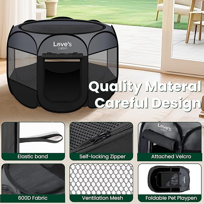 Love's cabin Pet Puppy Dog Playpen, Medium Dog Tent Crates Cage Indoor/Outdoor, Portable Playpen for Cat, Foldable Pop Up Dog Kennel Playpen with Carring Case, Removable Zipper Top, Dark Grey