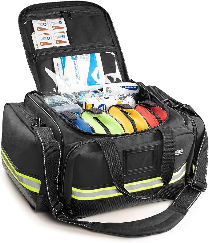 Scherber Fully-Stocked First Responder Professional Advanced EMT/EMS Trauma Kit | HSA/FSA Approved | Reflective Bag w/10+ Compartments, Zippered Pockets & 250+ First Aid Supplies (Black)