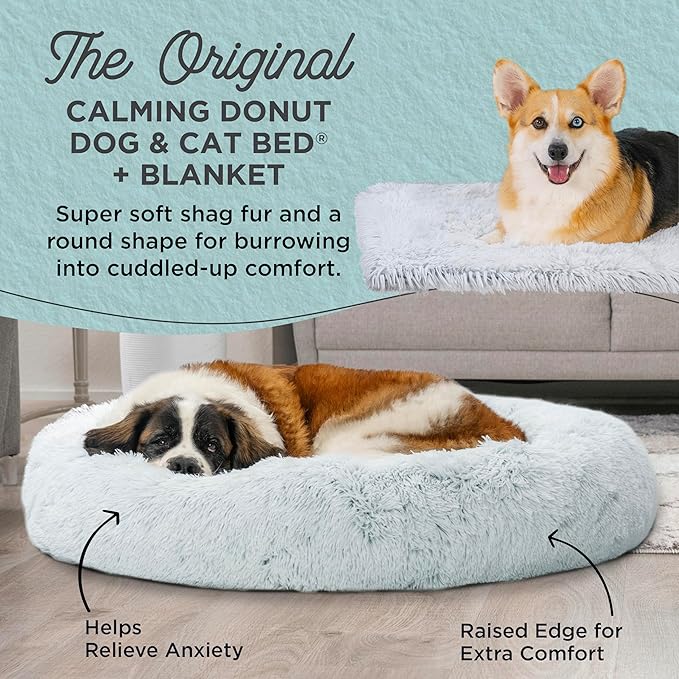 Best Friends by Sheri Bundle Set The Original Calming Shag Donut Cuddler Cat and Dog Bed + Pet Throw Blanket, Frost, Extra Large, 45x45