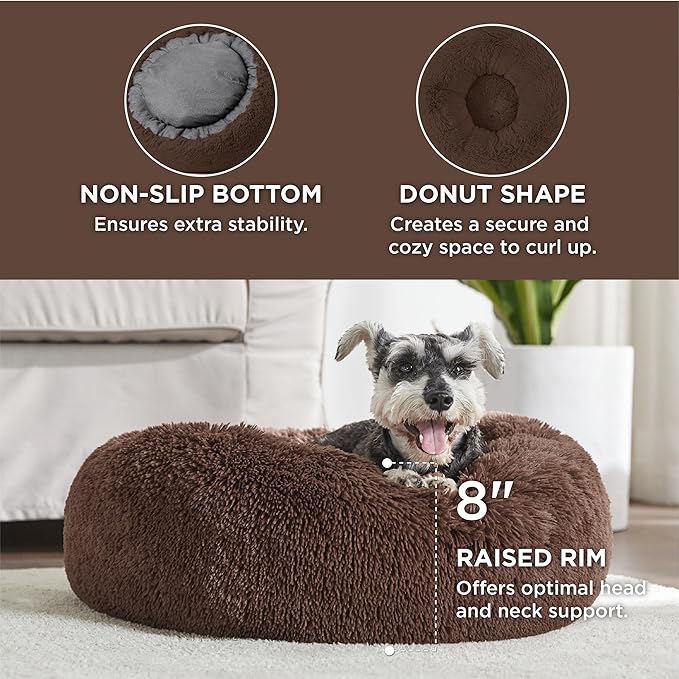 Bedsure Calming Dog Bed for Small Medium Dogs - Donut Washable Medium Pet Bed, 27 inches Anti-Slip Round Fluffy Plush Faux Fur Cat Bed, Coffee