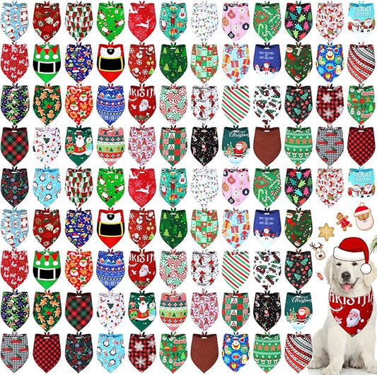 Newwiee 100 Pieces Christmas Dog Bandanas Bulk for Dogs Holiday Triangle Bibs Scarf Xmas Soft Breathable Large Dog Christmas Santa Scarf Accessories for Dog Pet Puppy Cat