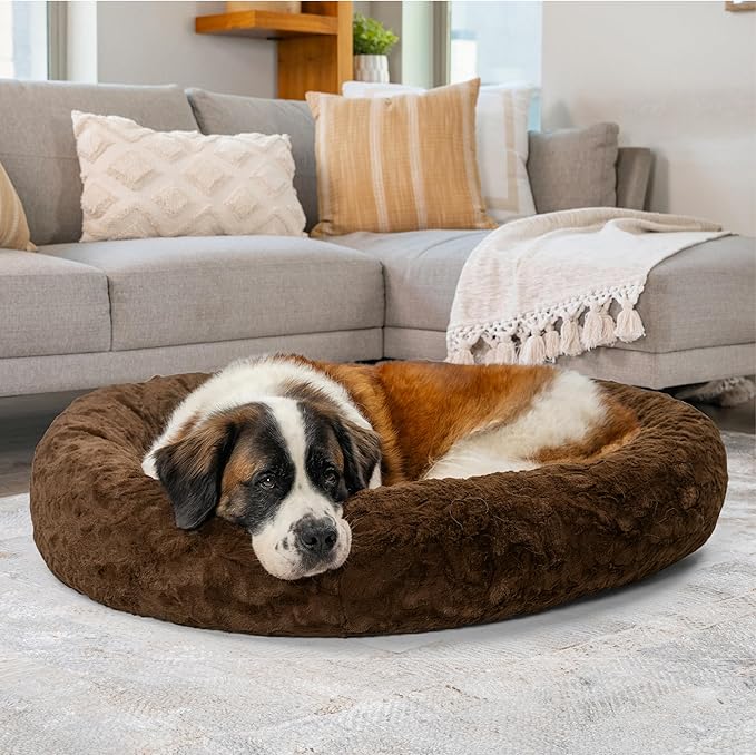 Best Friends by Sheri Bundle Set The Original Calming Lux Donut Cuddler Cat and Dog Bed + Pet Throw Blanket, Dark Chocolate, Extra Large, 45x45