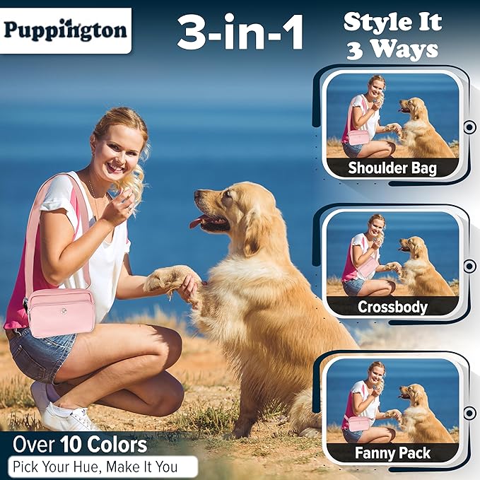 Puppington 3-in-1 Crossbody Dog Walking Bag & Treat Pouch with Matching Planet Safe Poop Bags & Built-In Dispenser - Zippered Pockets (Blush Pink)