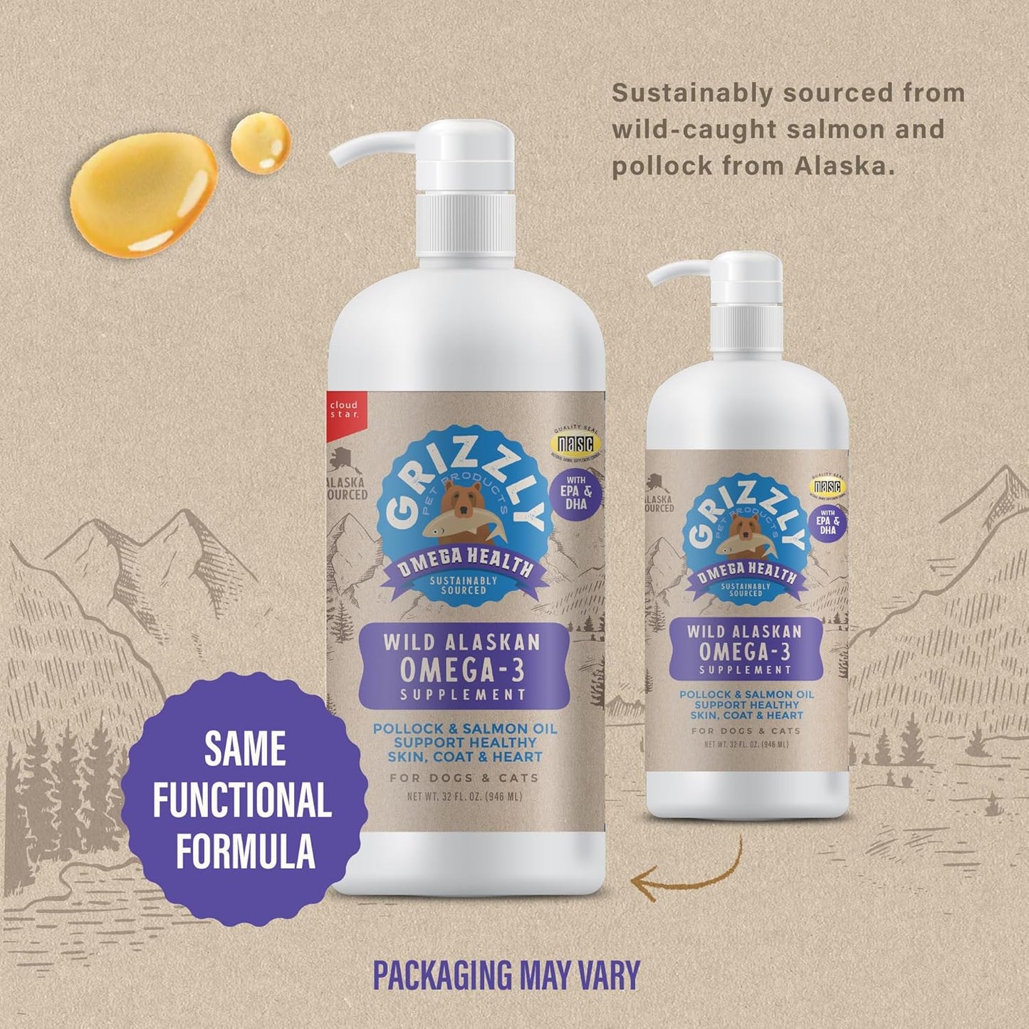 Grizzly Pet Products Omega Health Liquid Omega-3 Supplement for Dogs and Cats, 32 Ounce Bottle