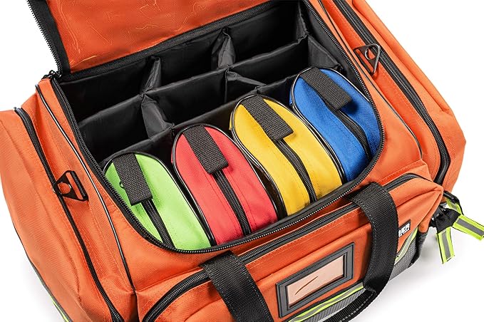 Scherber Fully-Stocked First Responder Professional Advanced EMT/EMS Trauma Kit | HSA/FSA Approved | Reflective Bag w/10+ Compartments, Zippered Pockets & 250+ First Aid Supplies (Orange)