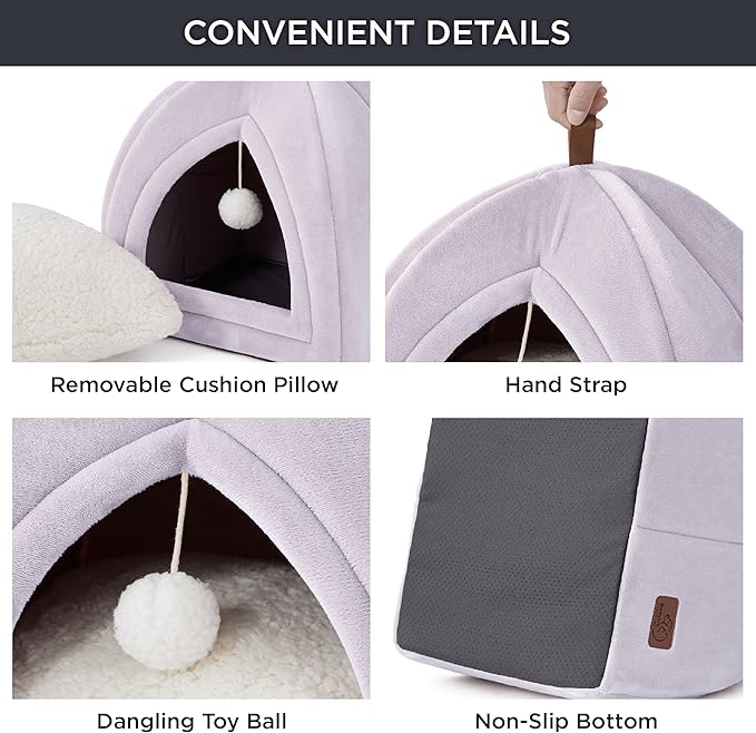 Bedsure Cat Beds for Indoor - 2 in 1 Cat Cave House Tent for Kittens and Small Pets with Removable Washable Cushioned Pillow, Foldable Kitten Hideaway with Non-Slip Bottom, Purple, 17.3 inches