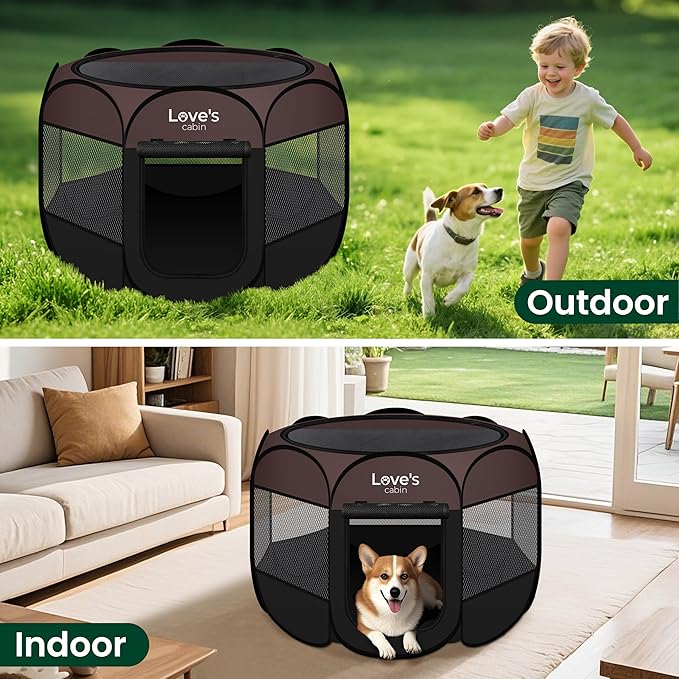 Love's cabin Pet Puppy Dog Playpen, Small Dog Tent Crates Cage Indoor/Outdoor, Portable Playpen for Cat, Foldable Pop Up Dog Kennel Playpen with Carring Case, Removable Zipper Top, Brown