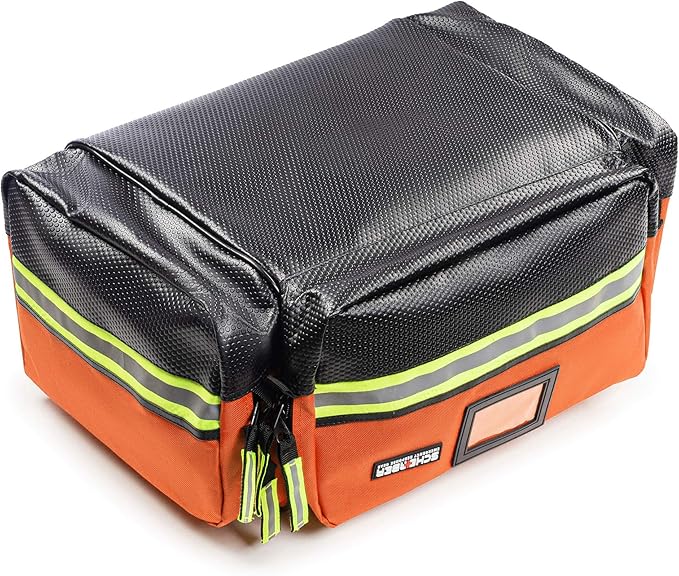 Scherber Fully-Stocked First Responder Professional Advanced EMT/EMS Trauma Kit | HSA/FSA Approved | Reflective Bag w/10+ Compartments, Zippered Pockets & 250+ First Aid Supplies (Orange)