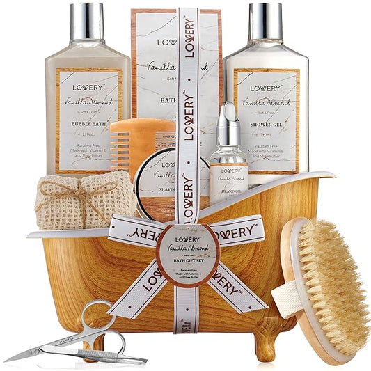 Birthday Gifts for Men, Spa Gift for Him, Dad, Mens, Husband - 11pc Vanilla Almond Unique Grooming Self Care Baskets, Personal Beard Care Gifts for Men Who Have Everything