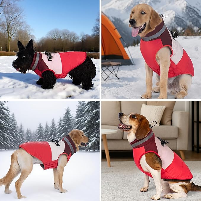 azuza Dog Jacket for Medium Dogs Waterproof Dog Coat with Reflective Strips and Harness Built in Warm Fleece Dogs Winter Coat Windproof with Back Zipper, Red XL