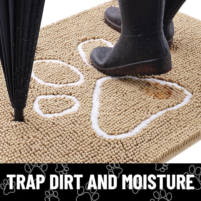 Smiry Dog Door Mat for Muddy Paws, Absorbent Dirt Trapper Non Slip Quick Dry Washable Chenille Mat for Mud Dogs, Entry Rug for Indoor and Outdoor (40x32 Inches, Beige)