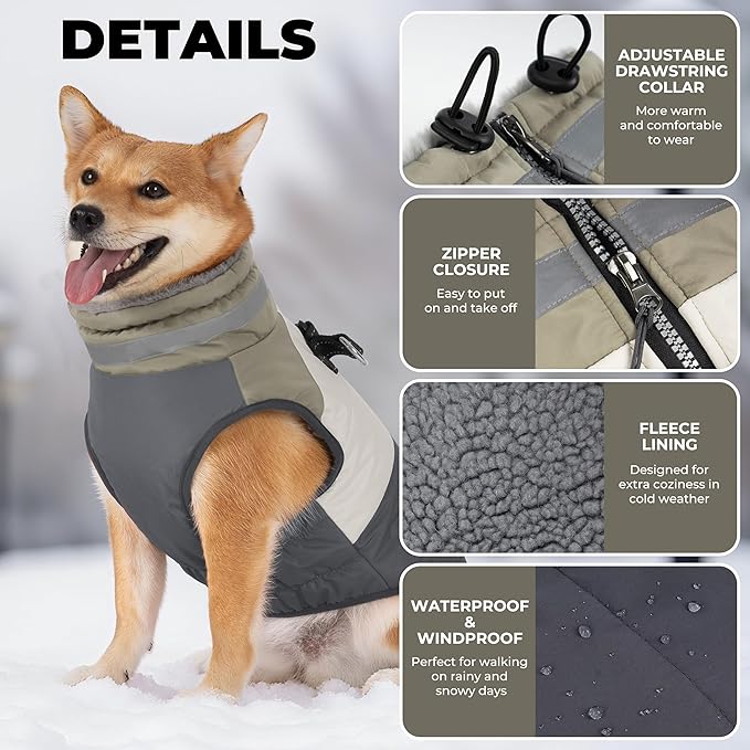 Dog Coat, Waterproof Dog Winter Coats for Small Dogs, Reflective Dogs Jacket with Harness Built in, Zip-up Cold Weather Coats Pet Vest Turtleneck Doggy Snowsuit, Grey Medium