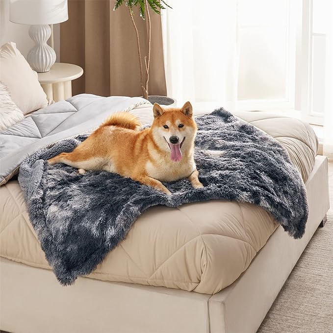 Bedsure Waterproof Dog Blankets for Large Dogs - Cat Blanket for Couch Protector Washable Long Faux Fur,Calming Soft Reversible Throw Furniture Protection for Puppy Pet, 40"x50", Tie-dye Grey