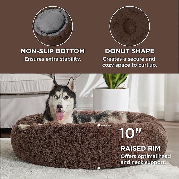 Bedsure Calming Dog Bed for Large Dogs - Donut Washable Large Pet Bed, 36 inches Anti-Slip Round Fluffy Plush Faux Fur Dog Bed, Fits up to 80 lbs Pets, Coffee