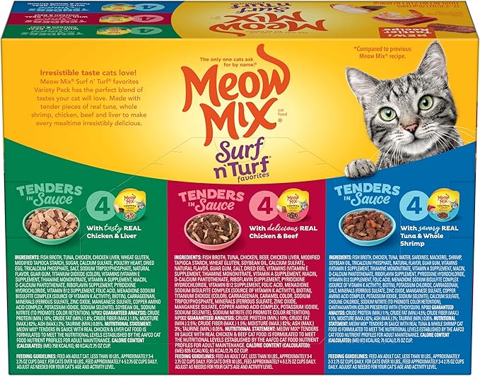 Meow Mix Tender Centers Basted Bites Dry Cat Food, Chicken & Tuna Flavor, 3 Pound (Pack of 4) + Tender Favorites Wet Cat Food Surf 'N Turf Variety Pack, 2.75 Ounce (Pack of 48) Bundle