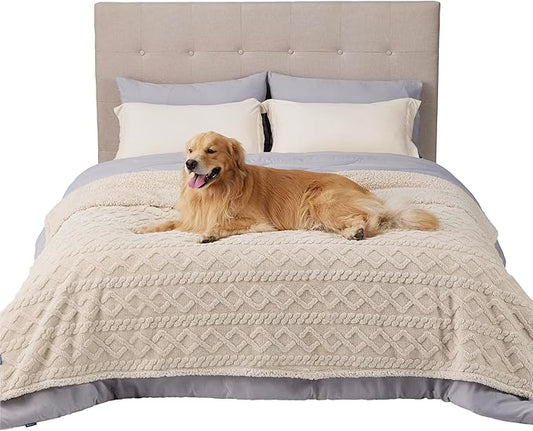 Bedsure Waterproof Dog Blankets for Bed - Pet Blanket for Bed Couch Protector Washable, Premium Jacquard Coral Fleece Cat Throw Blanket, Soft Plush Reversible Furniture Protection, Queen, 86x90, Cream