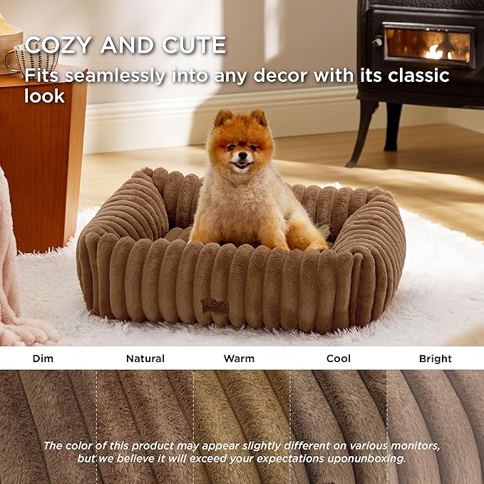 Bedsure Cute Dog Bed for Small Medium Dogs - Washable Furry Puppy Beds, Rectangle Orthopedic Corduroy Fleece Pet Beds with Removable Zipper Cover, 25x21x7inches, Camel Brown