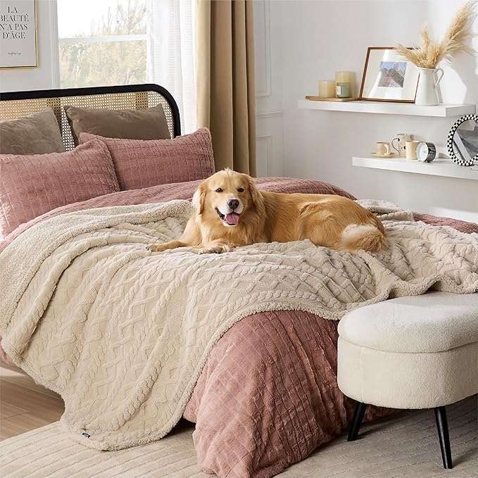Bedsure Waterproof Dog Blankets for Bed - Pet Blanket for Bed Couch Protector Washable, Premium Jacquard Coral Fleece Cat Throw Blanket, Soft Plush Reversible Furniture Protection, Queen, 86x90, Cream