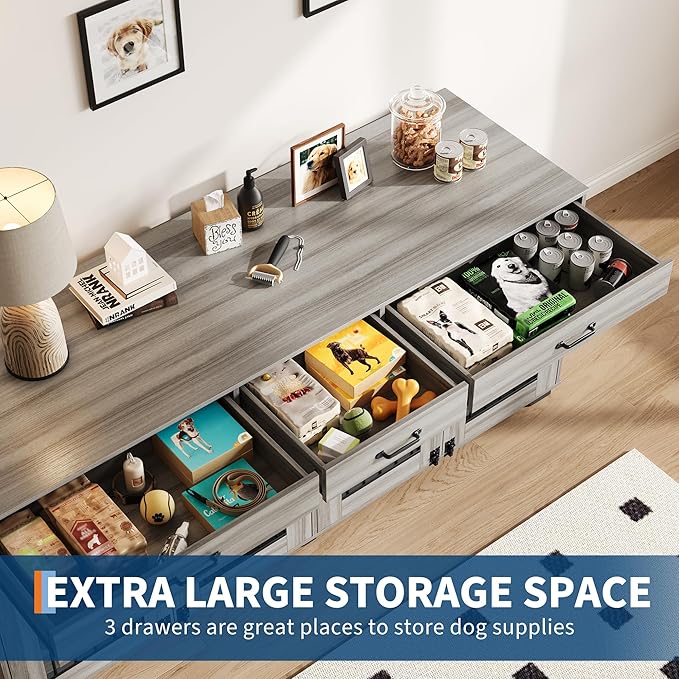 GarveeLife 71 in Dog Crate Furniture for 2 Rooms, Wooden Double Crate Large Breed with Door, Dog Kennel Indoor, TV Stand End Table with Divider for Large Medium Dogs,Grey