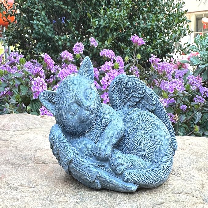 Small Cat Memorial Stone Commemorates Our Lost Fur Baby,Peaceful Sleeping Cat Angel Statue for Garden,Indoor,Pet Grave Markers,and Loss of Cat Sympathy Gift(Gray)