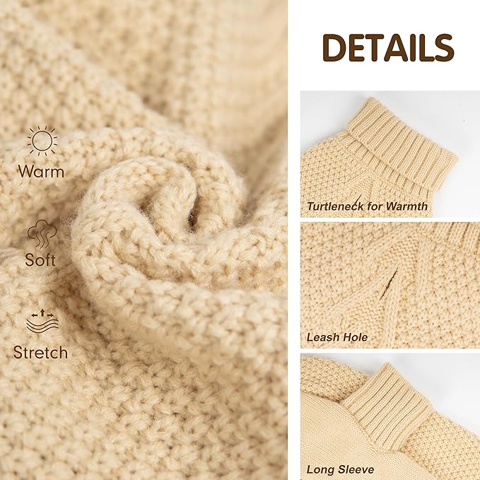 cyeollo Dog Sweater Knitwear with Leash Hole Turtleneck Pullover Sweaters Fall Winter Dog Clothes Sweaters for Large Dogs, Beige XXXL