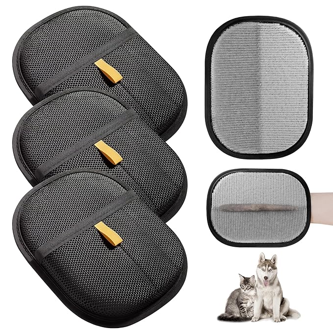 3 Pcs Electrostatic Pet Hair Removal Gloves with Bidirectional Bristle Design, Washable Reusable Cat Dog Hair Remover Grooming Glove Tool for Furniture, Bed Sheets,Car Seat (Black)