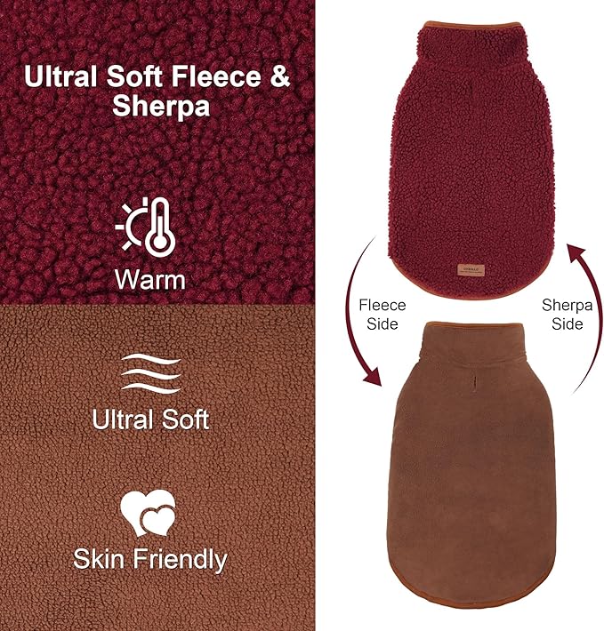 cyeollo Warm Dog Coat Fleece Sherpa Winter Sweater Coats, Turtleneck Dog Jacket Vest for Small Medium Large Dogs, Reversible Cold Weather Pet Coats, Burgundy, M