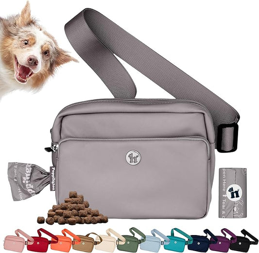 Puppington 3-in-1 Crossbody Dog Walking Bag & Treat Pouch with Matching Planet Safe Poop Bags & Built-In Dispenser - Zippered Pockets (Charcoal Gray)