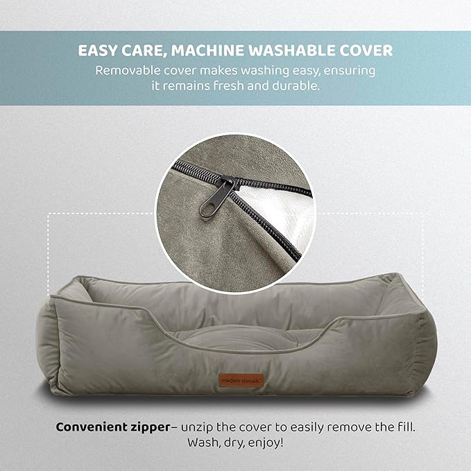 Modern Threads Luxury Dog Bed - Comfortable Tufted Velvet Cushion for Small to Large Dogs - Machine Washable - Durable & Cute Sleep Space for Pets - Pamper Your Pet with Cozy Beds - Light Grey