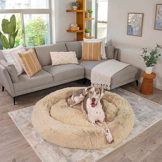 Best Friends by Sheri Original Calming Donut Dog and Cat Bed, Shag Faux Fur,Taupe, XXL (54in x 54in) - Anxiety Relief for Pets Up to 210 lbs