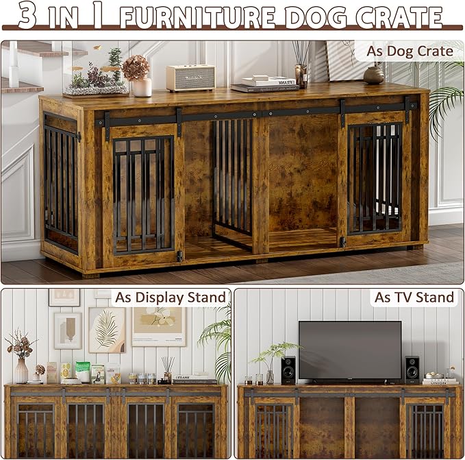 Large Dog Crate Furniture for 2 Dogs, Upgrade 71" Pro XXL Sliding Door Heavy Duty Dog Kennel Furniture with Divider, Steel Frame Indoor Double Dog Crate for Large Medium Small Dogs, Brown