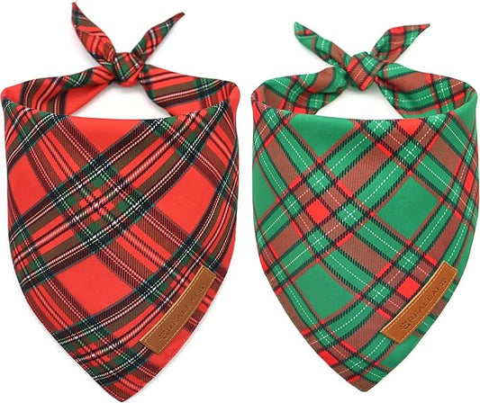 Realeaf Christmas Dog Bandanas 2 Pack, Reversible Red Green Plaid Dog Scarf, Xmas Pet Bandana for Boy and Girl, Premium Durable Fabric, Holiday Check Bandana for Medium and Large Dogs Pets (Large)