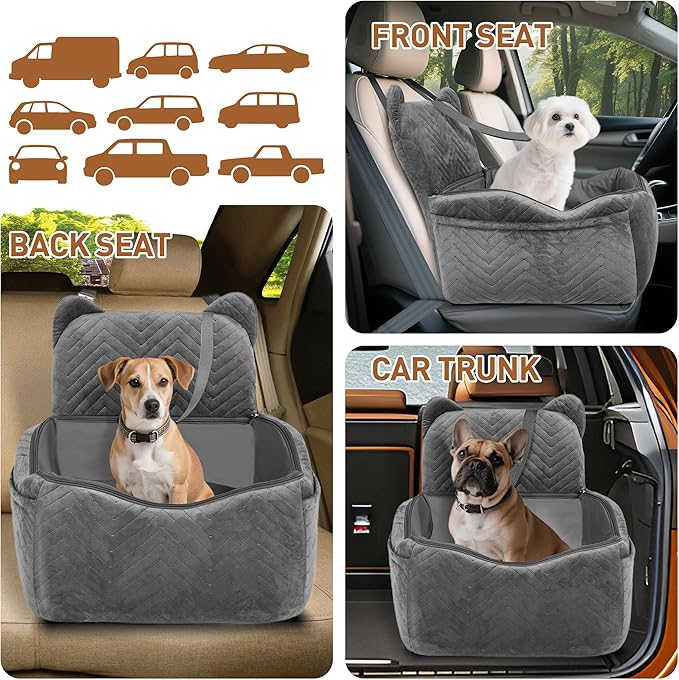 Dog Car Seat for Small Medium Dog up to 30 lbs with Waterproof PU Cover Pet Car Booster Seat with Memory Foam for Travel, Grey, 2 Safety Belt