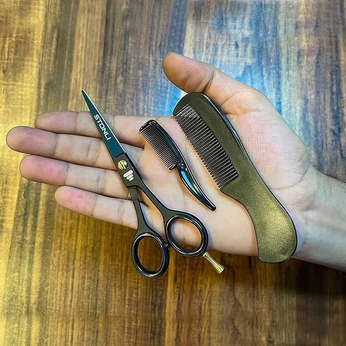 Professional 5’’Beard & Mustache Grooming Kit for Men – Precision Beard Scissors, Mustache Scissors, Moustache Comb, Beard Trimming Scissors, Mustache Care Set with Leather Case (Black)