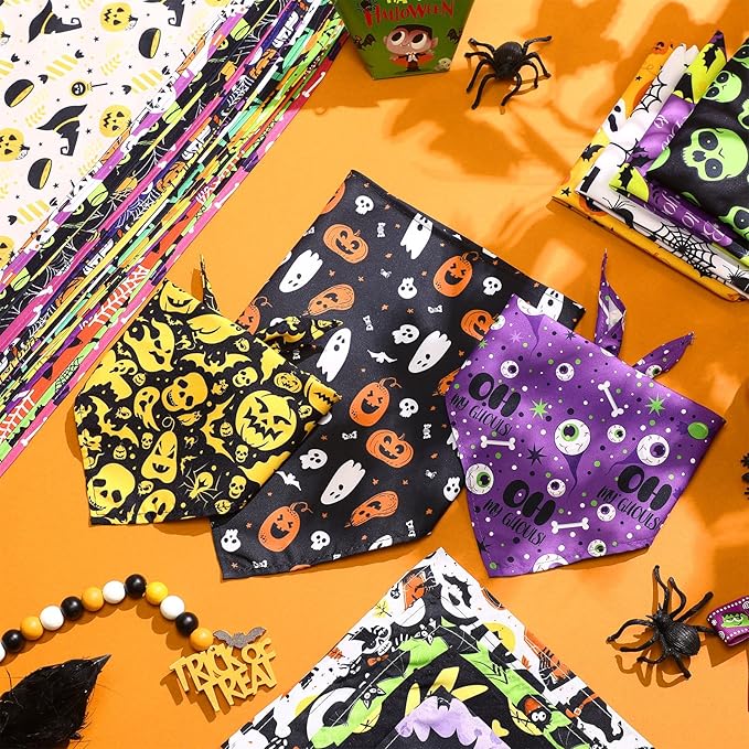Abbylike 50 Pcs Dog Bandanas Bulk Pet Scarfs Triangle Bibs Adjustable Washable Puppy Kerchief Seasonal Pet Costume Accessories Grooming Supplies for Small Medium Large Dogs Cats (Halloween)
