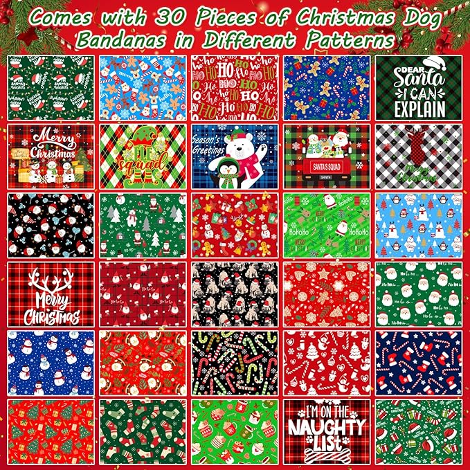 30 Pcs Christmas Dog Bandanas Bulk Adjustable Triangle Dog Scarves Bibs Xmas Puppy Bandanas Pet Neckerchief Washable Holiday Dog Bandana for Christmas Party Small Medium Large Dog Pet Grooming