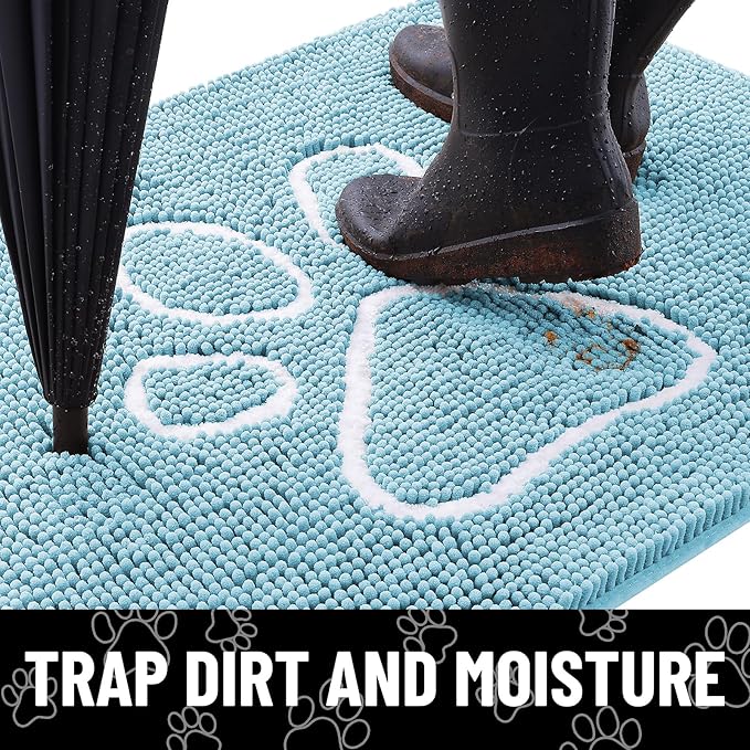 Smiry Dog Door Mat for Muddy Paws, Absorbent Dirt Trapper Non Slip Quick Dry Washable Chenille Mat for Mud Dogs, Entry Rug for Indoor and Outdoor (48x30 Inches, Sky Blue)