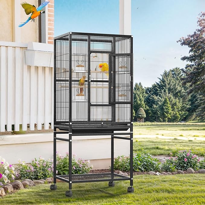 DWVO 53.9-Inch Metal Bird Cage: Large Parrot Cages with Seed Catcher & Cover - Rolling Stand with Brakes for Parakeets, Lovebirds, Cockatiels, Finches and Pigeons, Black