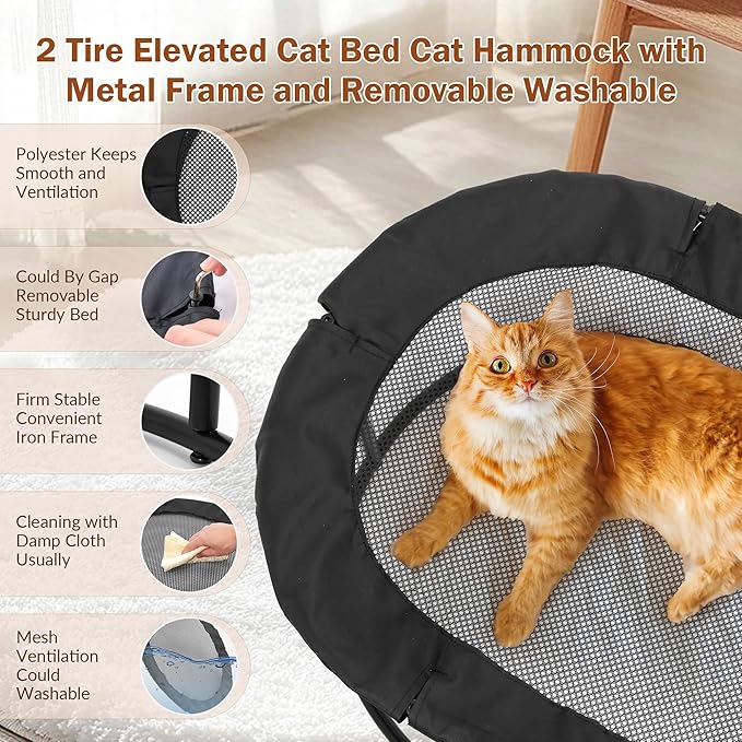 Defined Deco 2 Tier Elevated Cat Hammock Bed, Furniture Cat Bed Breathable Comfortable, Raised Cool Ca t Hammock for Indoor Cats, with Removable Mesh and Steel Frame for Summer