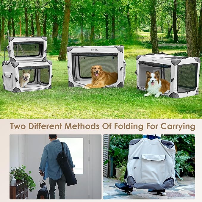 EHEYCIGA Collapsible Dog Crate 42 Inches, Portable Travel Crate for Extra Large Dogs, Soft Foldable Pet Kennel with 4-Door Mesh Windows Indoor & Outdoor, Grey