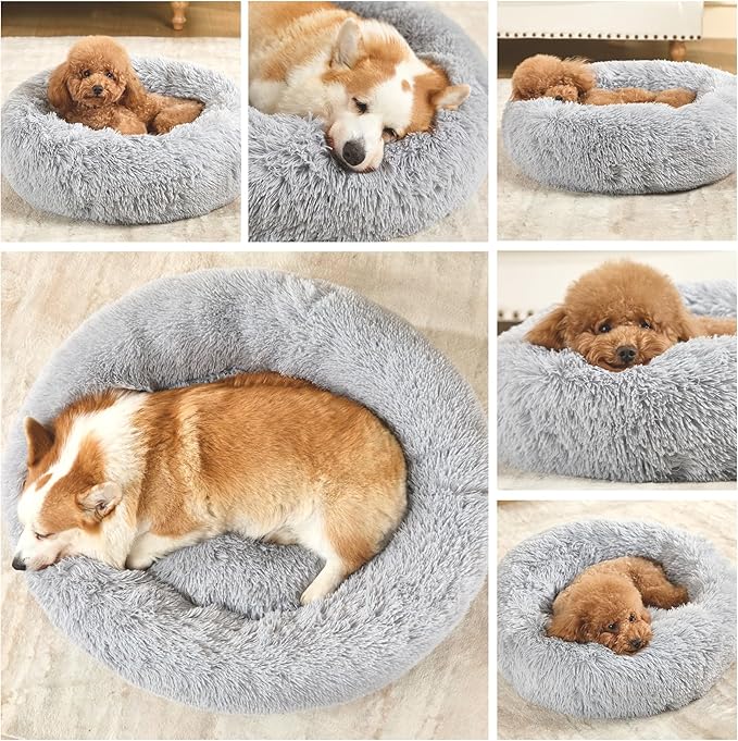 Dog Calming Beds for Small Medium Large Dogs - Round Donut Washable Dog Bed, Anti-Slip Faux Fur Fluffy Donut Cuddler Anxiety Cat Bed(36" Light Gray)