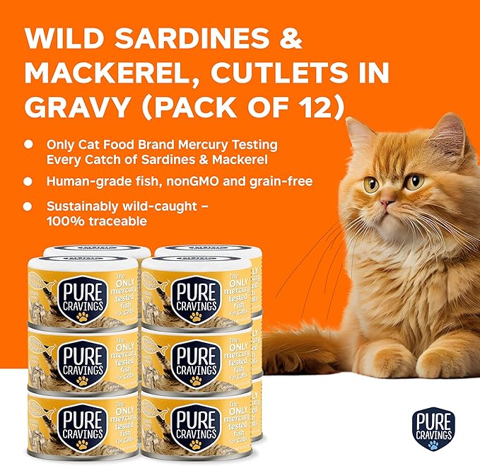 Pure Cravings Wet Cat Food Canned Mackerel and Sardine Cutlets in Gravy, Every Catch is Mercury Tested, Moist Can Fish for Cats, Grain-Free, Protein, Non-GMO, Pack of 12
