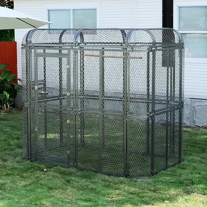 Large Metal Walk-in Cage 77-inch Heavy Duty Bird Cage Outdoor Diamond Grid Aviary Parrot Cage Wide Flight Metal Birdcage for Macaw Budgie Conure Lovebird Parakeet Cockatiel, 6.4x3.87x5.91ft, Silver