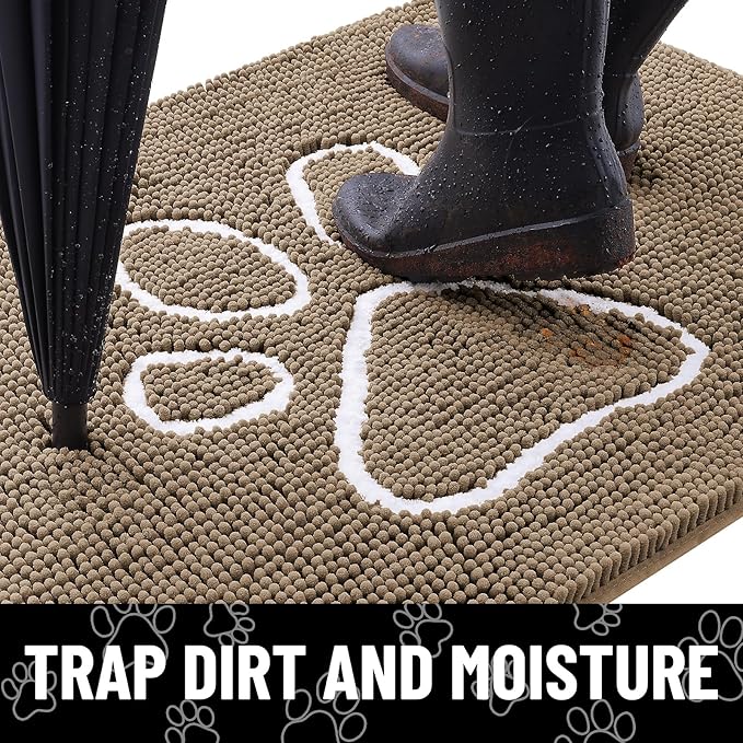 Smiry Dog Door Mat for Muddy Paws, Absorbent Dirt Trapper Non Slip Quick Dry Washable Chenille Mat for Mud Dogs, Entry Rug for Indoor and Outdoor (59x35 Inches, Camel)