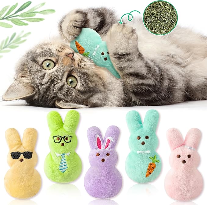 MALLMALL6 5Pcs Easter Bunny Catnip Toys Gift for Cat Lover, Colorful Rabbit with Carrot Pattern Catmint Interactive Toy for Indoor Cats, Soft Pet Presents Supplies, Kitten Teething Chew Kick Set