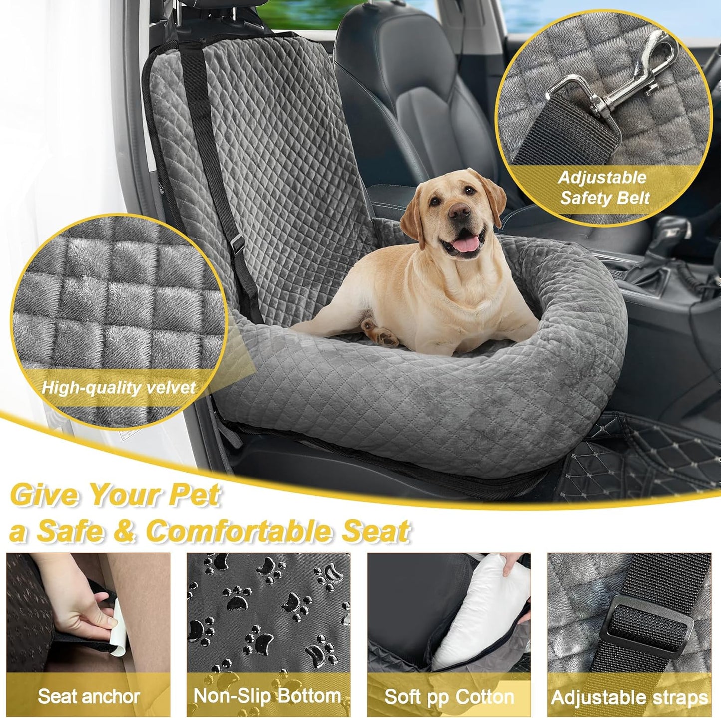Dog Car Seat for Small Medium Dogs,Detachable Washable Travel Safety Pet Booster Seat, Comfy Ultra Soft and Multifunctional Car Travel Bed,Grey