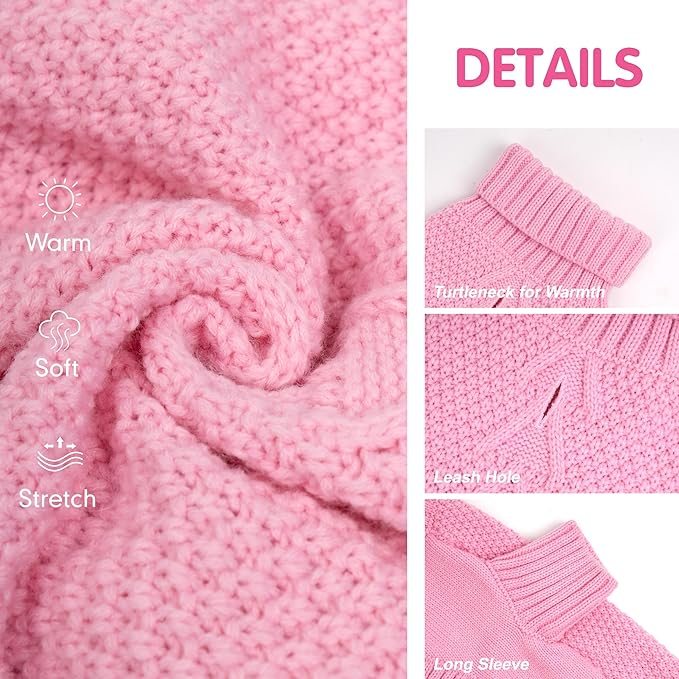 cyeollo Dog Sweater Knitwear Turtleneck Soft Knitwear Pullover Sweaters with Leash Hole Warm Dog Clothes for Medium Dogs,Pink, XXL