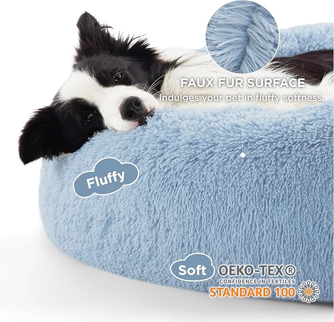 Bedsure Calming Dog Bed for Large Dogs - Donut Washable Large Pet Bed, Anti-Slip Round Fluffy Plush Faux Fur Dog Bed, Fits up to 80 lbs Pets, Light Blue, 36 inches