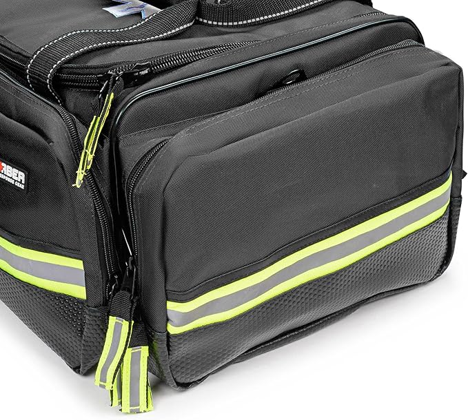 Scherber Fully-Stocked First Responder Professional Advanced EMT/EMS Trauma Kit | HSA/FSA Approved | Reflective Bag w/10+ Compartments, Zippered Pockets & 250+ First Aid Supplies (Black)